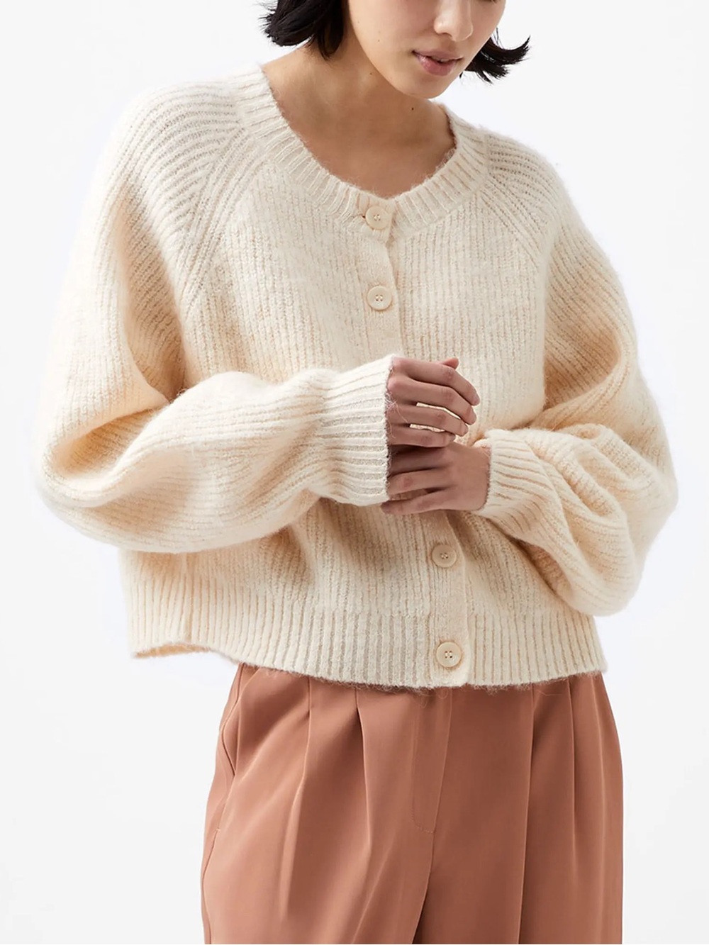 French connection Fluffy Cardigan Button-Front Cream Knit Sweater large fuzzy